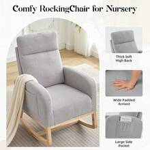 Silla Mecedora para Nursery con Respaldo Alto y Bolsillo Lateral, Sillón de Lactancia con Patas de Madera de Caucho para Sala, Dormitorio y Cuarto de Bebé – Mueble Moderno & Baby - Gris Claro - Ver 7