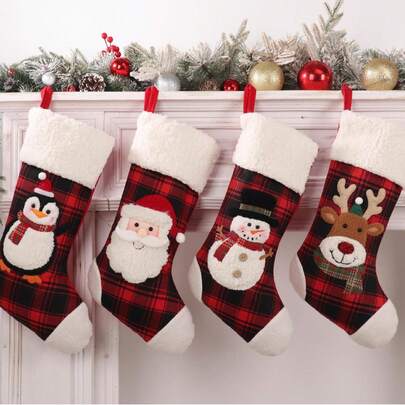 Christmas Decoration Supplies Large Plaid Christmas Stockings Shopping Mall Christmas Tree Decoration Socks Gift Bag, 4 Pieces