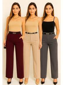 Kit Of 3 Women's Tailored Wide Leg Pants With Belt - 灰色 / 米色 / 酒紅色 - 查看 4