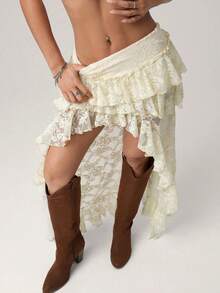 Women's Boho Layered Ruffle Chiffon Maxi Skirt Y2K Elastic High Waist Cowgirl Western Asymmetrical Skirts - 米色 - 查看 3