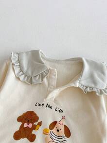 2 件套女婴可爱荷叶边领卡通熊和狗印花运动衫 + 粉色抽绳裤舒适休闲宽松装，春秋 - 杏色 - 查看 9