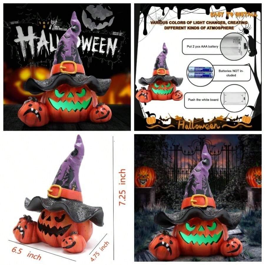Decoraciones de calabaza de Halloween con luz hecha a mano sombrero de bruja adornos para decoracin de Halloween, decoracin de calabaza de mesa de otoo, decoracin de porche al aire ltima - Morado - Ver 1
