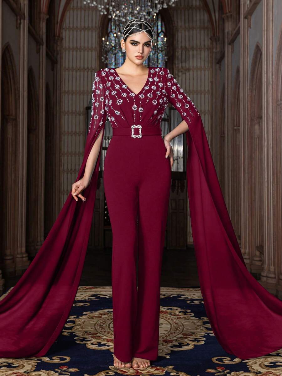 Elegant Crystal Embellished Jumpsuit - V-Neck Batwing Sleeve, Square Buckle Waist Belt, Flowy Wide Leg - Perfect For Formal Events, Red Carpet, Wedding Guests, And Gala Parties. - Burgundy - View 1