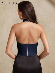 Aliao 夏季花卉钩编网纱刺绣 3D 透视吊带背心，优雅性感，适合婚礼、新年、日常穿着 - 藏蓝色 - 查看 7