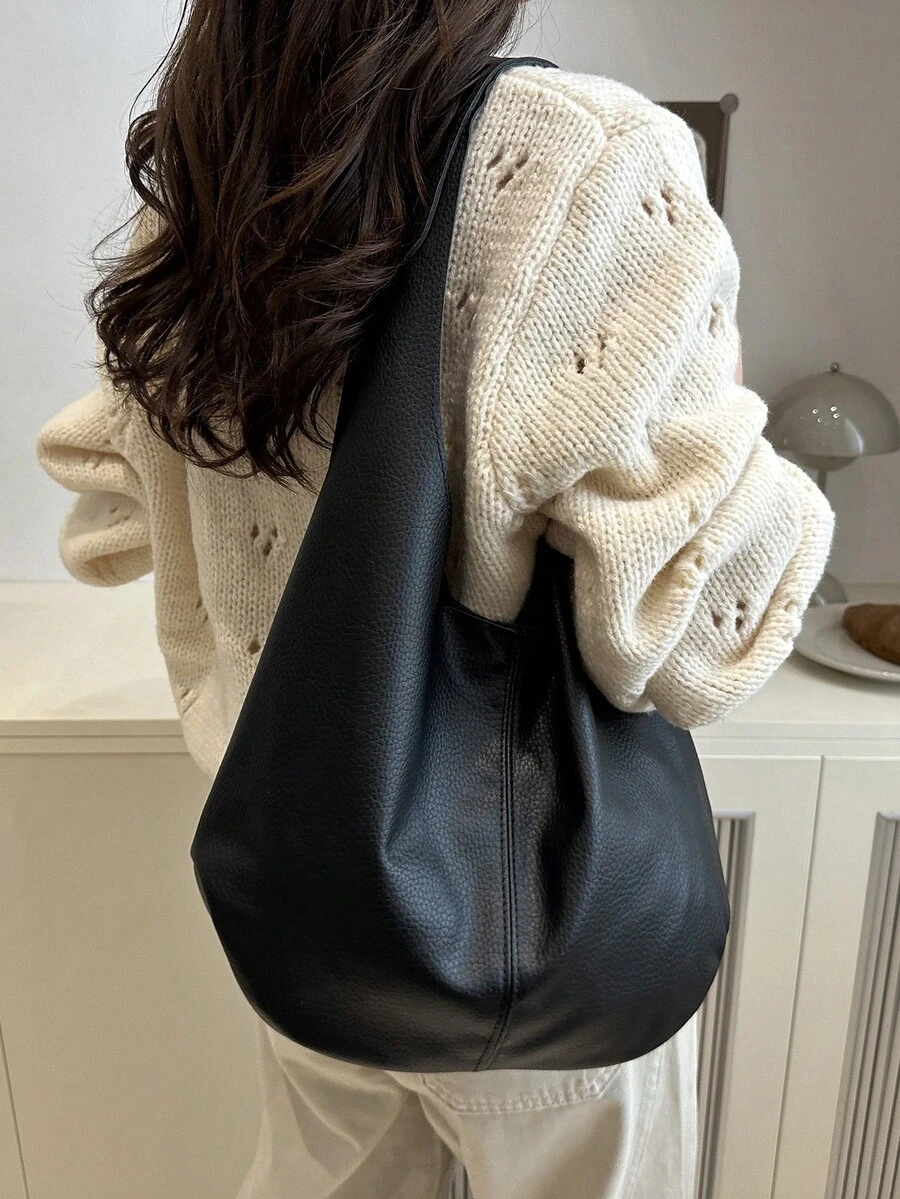 حقيبة كتف/حقيبة يد نسائية من جلد البولي يوريثان ذات لون أحادي، سعة كبيرة، موضة