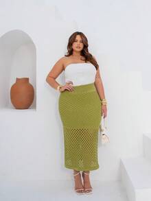 Saia Midi Plus Size Tecido Vazado em Tricô Modal Elegante Casual - Verde Oliva - Visão 7