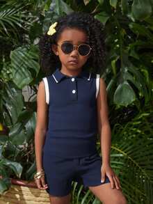 Young Girls Polo Co-Ords - Navy Blue - View 3