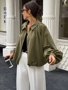 Women's Solid Color Puff Sleeve Zipper Pleated Jacket