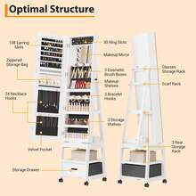 Organizador de joyas con espejo de longitud completa, clóset de joyería con cerradura de 66 pulgadas con luz LED, clóset de almacenamiento de joyería de pie con estante trasero y cajón - Blanco - Ver 6