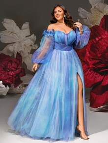 VIPGIRL Elegant Plus Size Off-Shoulder Long Sleeve Bishop Sleeve Evening Dress, Mesh Fabric With Slit Design, Suitable For Formal Banquets - Blue - View 6