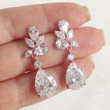 Emmaya Women's Elegant Wedding Earrings - Teardrop Floral Synthetic  Stud Earrings, Bridal Jewelry, Suitable For Weddings, Formal Occasions And Special Events, Evening Wear, Sparkling Design, Fine Craftsmanship, Fashion Enthusiasts - 白金 - 查看 3