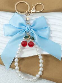 1 Elegant Faux Pearl Bracelet And Bow Decoration Keychain Pendant, Equipped With Creative Zinc Alloy Simulated Cherry Accessories, Fashionable Women's Bag Pendant, Suitable For Bag Chains, Mobile Phone Hanging Chains, Keychains, And Gifts For Friends' Mothers Christmas