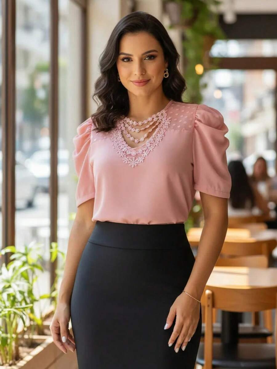 Women Blouses - 玫紅色 - 查看 1