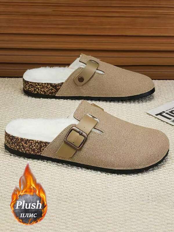 Winter Plush Sandals, Comfortable Non-Slip Men's Slippers, Birkenstocks Soft Cork Soles Men's Clogs, White Thermal Lined For Comfort, High-Quality Brand Shoes, Outdoor Thick-Toe Men Sandals (Asymmetrical Pattern). Note: Due To The White Thermal Lined And Black Upper, Some White Fleece May Stick To The Upper, Which Is A Normal Phenomenon And Not Dirt.