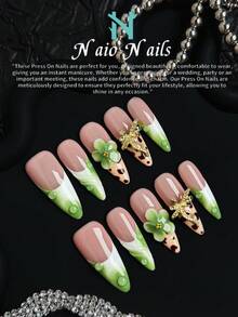 NAIO 10 Pieces Handmade Almond-Shaped Y2K Baddie-Style Press-On Nails In Nude, White, Green, And Brown Leopard Print French Tips, 3D Floral Gel Nail Designs, And Gold Bow Embellishments. They're Perfect For Everyday Looks For Women And Girls, As Well As For Parties, Ceremonies, And Other Occasions. The Included Tool Kit Makes A Great Gift For Women And Girls.