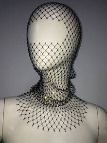 闪亮水钻装饰女士帽子镂空渔网孔全脸面罩头巾帽子派对、学校