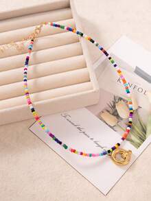 1 件优雅少女风格 26 个字母泡泡字母彩色种子珠可调节项链，首字母吊坠项链，适合送给女朋友、同学、朋友、休闲和旅行穿着（种子珠颜色随机） - 彩色 - 查看 6