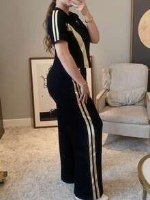 女士两件套休闲通勤套装，拉链短袖上衣搭配松紧腰带口袋直筒裤，春夏黑色 - 黑色 - 查看 8