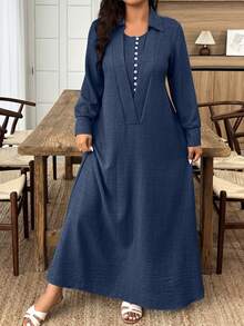 Rok Panjang Berlipit Dua Lapis Warna Biru Tua Ukuran Plus untuk Musim Semi/Panas, Gaya Elegan Urban, Cocok untuk Liburan Pantai, dan Pakaian Sehari-hari. - Navy Blue - View 4