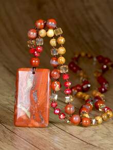 Bohemian Natural Stone Necklace, Vintage Square Pendant Handmade Knotted Long Necklace With Natural Red Agate, Jasper, Rose Quartz & Green Aventurine, Suitable As Thanksgiving, Christmas, Valentine's Day Gift For Women - Multicolor - View 9