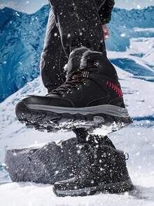 Milikuyou[End Of Season ]Winter Bestseller Men's Fleece Snow Boots, Thick Warm Outdoor Anti-Slip Boots, Men's Black Leather Upper Outdoor Snow Boots, Metal Buckle Design, High-Top Suede Leather Waterproof Anti-Slip Hiking Boots, Contrast Color Laces, Cargo Style Style, Suitable For Warmth And Outdoor Functionality Needs, Size 39-48 (Asymmetrical Pattern) - Black - View 5