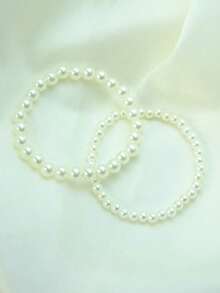 2PCS Faux Pearl Beaded Bracelet Set – Elegant Bohemian Style Adjustable Elastic Bangles For Girls & Ladies, Versatile Fashion Jewelry, Perfect Gift For Birthdays, Holidays, Or Any Occasion - trắng - Xem 5