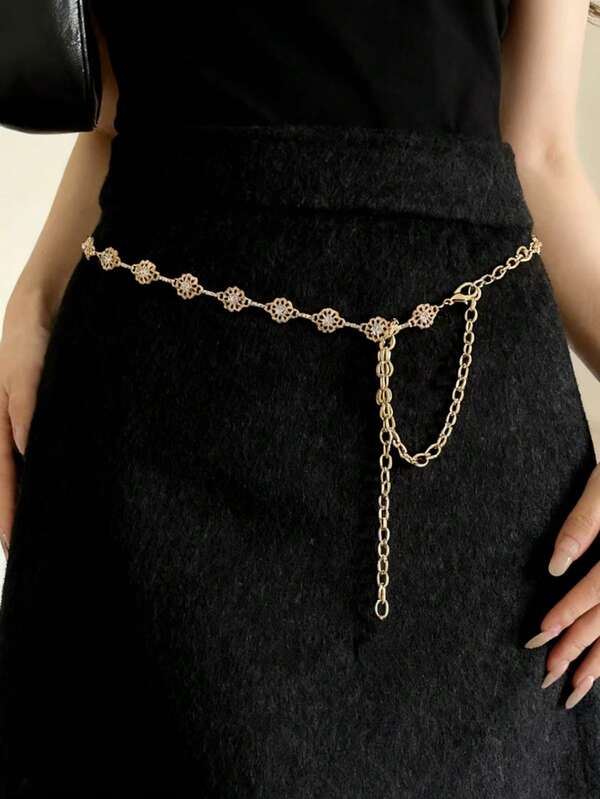 1 pieza Elegante y versátil cadena de cintura de cristal con flor hueca minimalista de moda, cadena de suéter dorada, accesorio de fiesta, regalo para amigos