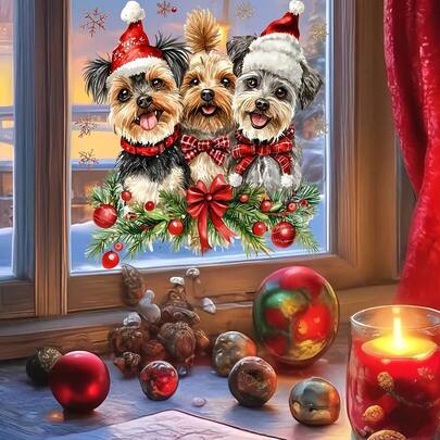 1 قطعة ملصق زجاجي ثنائي الوجه مرئي للزينة، بتصميم قبعة عيد الميلاد، كلب، فرع صنوبر، وثلج، مناسب للغرف المعيشية والنوم والمطبخ والنوافذ والزجاج، ديكور عيد الميلاد والشتاء