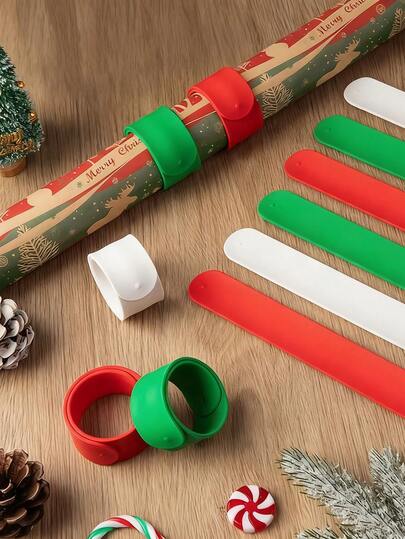 3/6/9/12pcs Christmas Wrapping Paper Roll Holder,Holiday Flip Wraps Silicone Covered Metal Strips Flip , Poster Paper Roll Holder Stabilizer Slap Bands For Christmas Gift Wrapping Paper Storage Organization, Home Storage Organization,Christmas Gift Wrapping Tool. (White Red And Green)