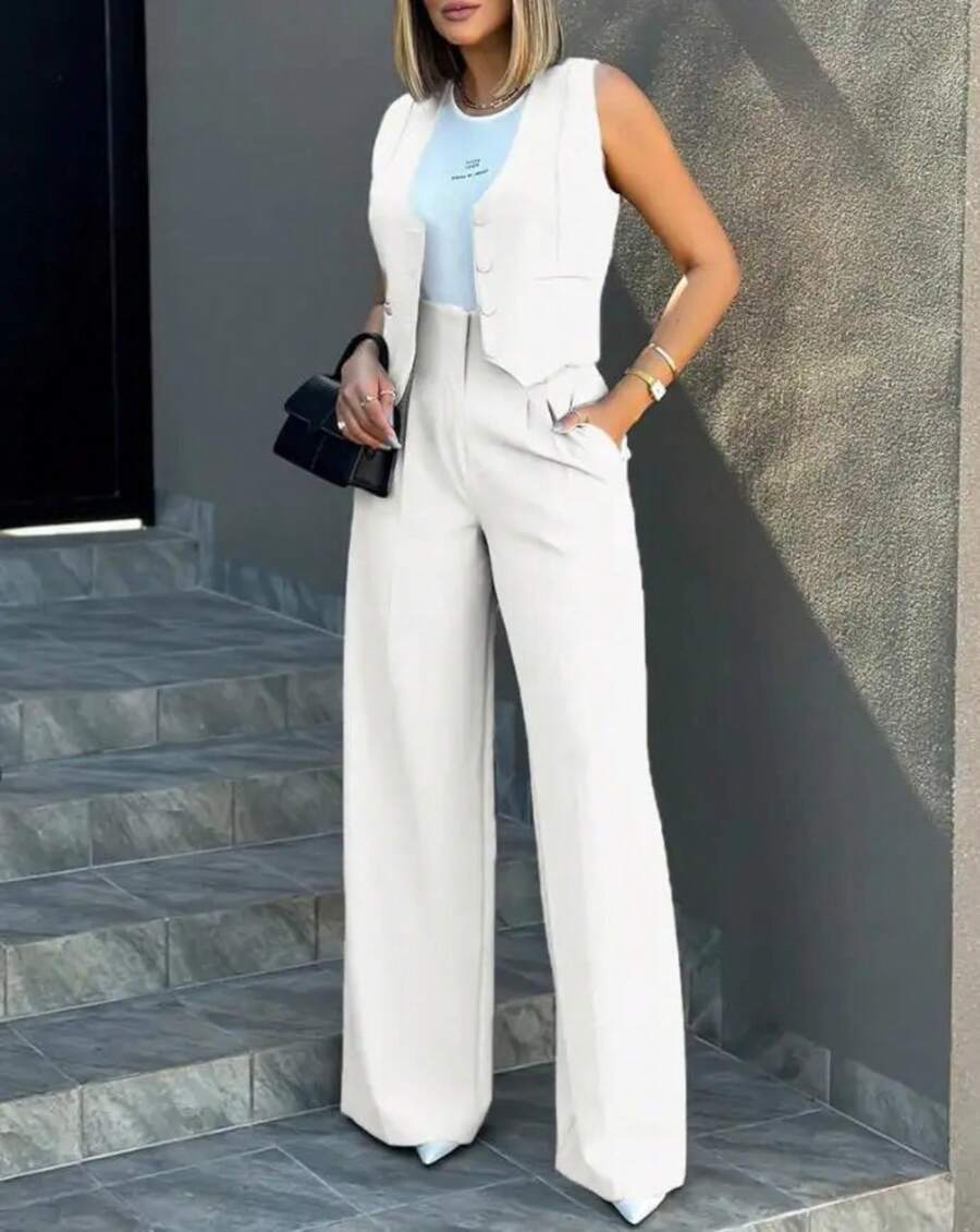 Trousers Suit Women's Vest Trousers Suit Elegant Loose Regular Work Suit High Waist Wide-Leg Trousers 2-Piece Street Suit - 白色 - 查看 1