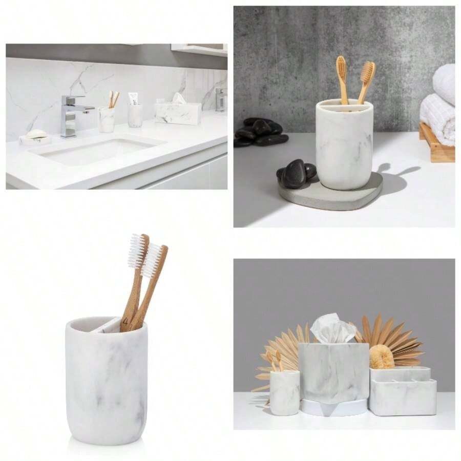Portacepillos de Dientes en Mrmol Blanco - Organizador de Cepillos de Dientes y Pasta de Dientes - Coleccin Mrmol Blanco - Blanco y gris - Ver 1