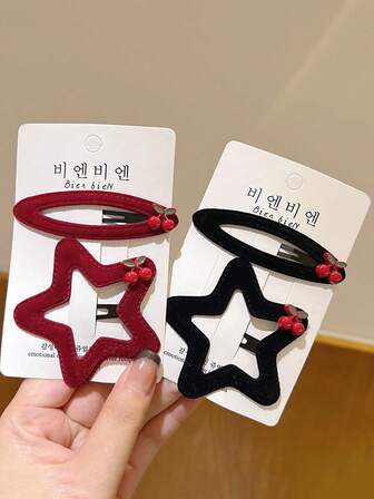 2 Stück schwarze Samt Fünfzackige Sterne, Kirschblüten BB Clips, Seitliche Clips, Pony Clips, Schleifen Clips, Enten Clips, Haarclips für Frauen, süße Accessoires