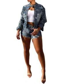Denim Short Sets Women 2 Piece Outfits Long Sleeve Zip Up Cropped Jacket Raw Hem Skinny Jean Shorts Sethalloween - 淺藍色 - 查看 5
