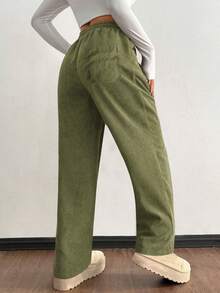 Hidkat Women's Corduroy Casual Straight Leg Pants, Solid Color Drawstring Vintage Pockets, Breathable & Comfortable, Suitable For Daily Activities, Autumn/Winter - 綠色 - 查看 3