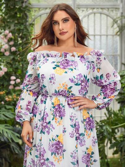 Plus Size Women's Off-Shoulder Long Sleeve Ruffle Chiffon Party Dress - Floor-Length Oversized Printed Skirt, Decorated With Random Vibrant Purple/Yellow Patterns, Fitted Silhouette, Suitable For Garden Parties, Weddings And Outdoor Events