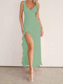 Robe d'été Onice à col en V, volants à l'ourlet et fendu. Robe élégante pour femme, convient pour la Saint-Valentin, les rendez-vous, les réunions, les fêtes, les voyages, les vacances, la plage et d'autres occasions - Vert - Voir 13