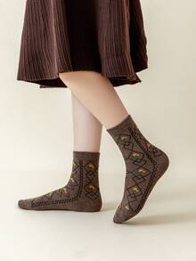 1/3/5双女士中长袜，适合秋冬季节，厚款毛圈保暖袜，花朵图案女士袜子 - 彩色 - 查看 3