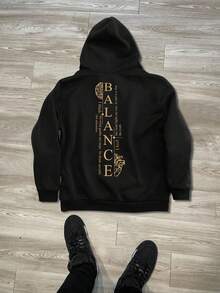 1pc Men's Autumn/Winter Black & Gold "PALANCE" Letter #Art Punk Print Hoodie Sweatshirt, Casual Street Style Loose Fit Top - Black - View 2
