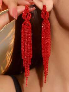 1 Pair Super Sparkly Crystal Fringe Earrings For Women, Dazzling Rhinestone Statement Drop Earrings With Full Crystal Design, Glamorous Jewelry For Daily Wear, Parties, Night Out, Or Holiday Gift For Her - 紅色 - 查看 4