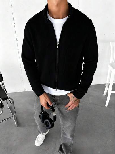 เสื้อคาร์ดิแกนถักแขนยาวคอตั้งกระดุมสองแถวแต่งโซ่ด้านหน้าสำหรับผู้ชาย, เสื้อถักอเนกประสงค์สำหรับใส่ในชีวิตประจำวัน