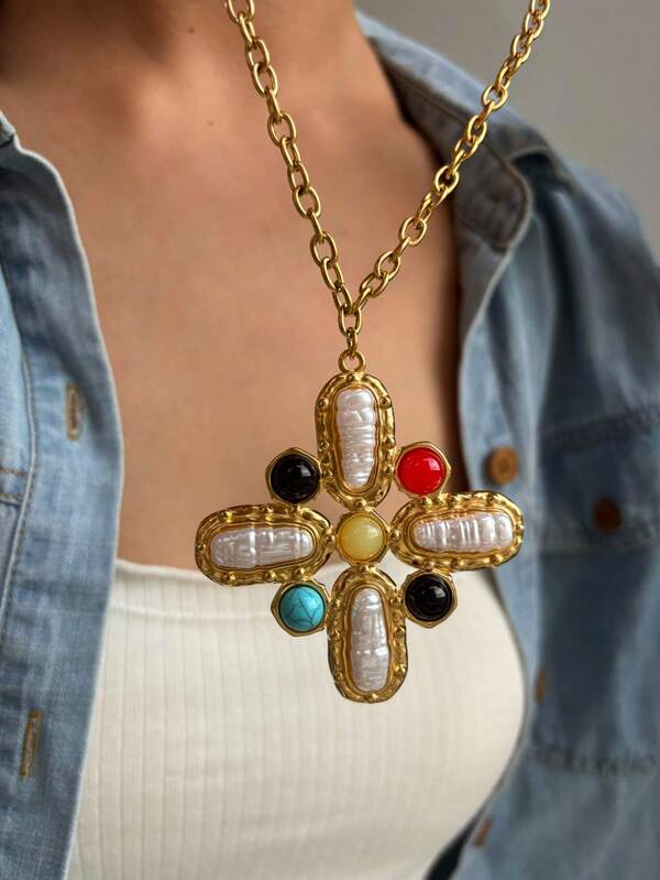 1pc Fashionable Lightweight Luxurious Stainless Steel Necklace With Cross & Natural Stone Pendant, Versatile Accessory For Women, Autumn/Winter