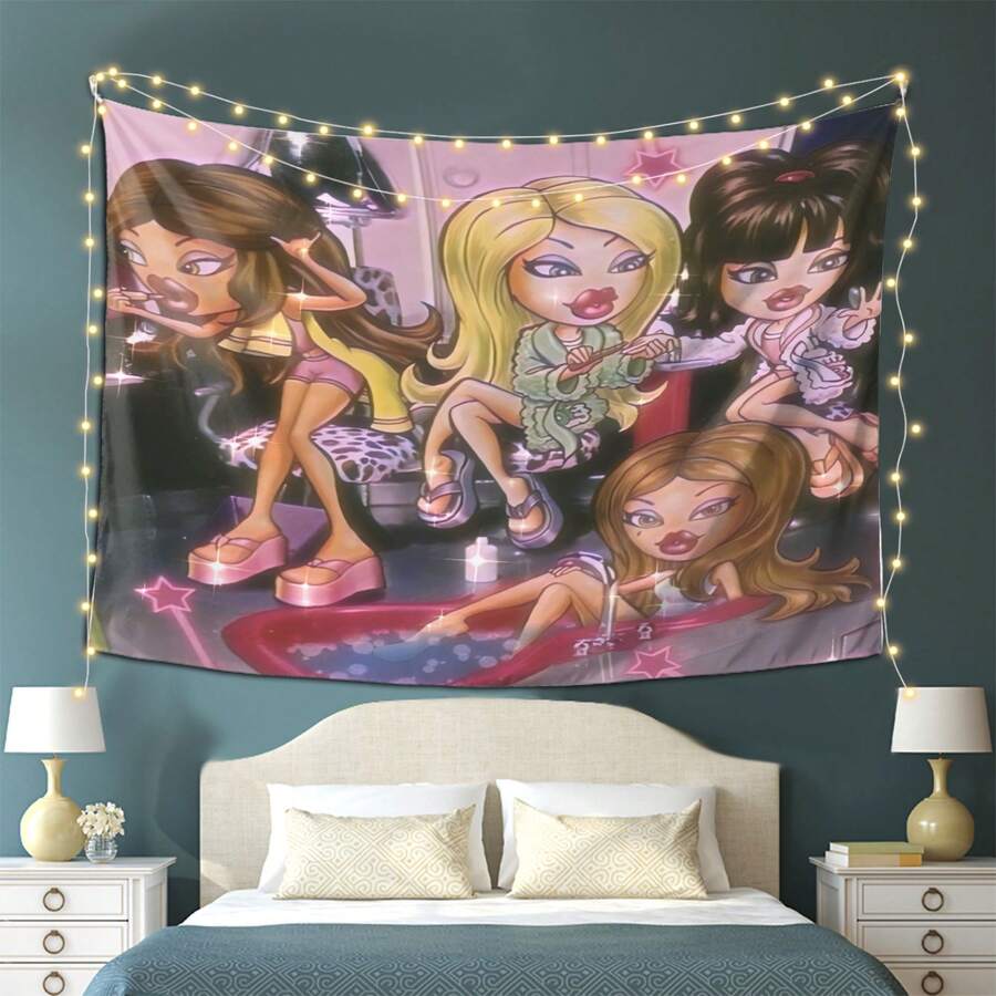 Br1atz Girls Tapestry - Vibrant Cartoon Print Wall Hanging For Bedroom, Living Room, Or Office Decor - Perfect Gift For Birthdays, Holidays, And Special Occasions - Peach Light Beige Fabric, Horizontal Design, Girls Bedroom Decor - 彩色 - 查看 1