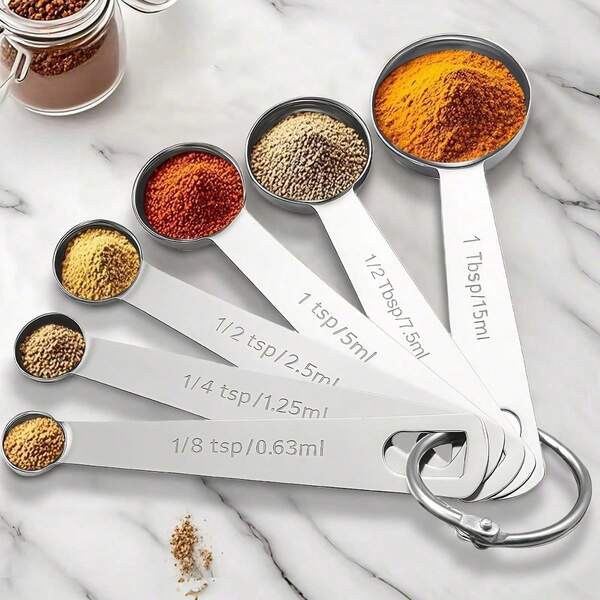 6-Piece Stainless Steel Measuring Spoon Set, High-Quality, Stackable Kitchen Tool Set, Suitable For Liquids, Solids And Powders, With A Portable Hook For Easy Reading Of Ounce And Milliliter Measurements, A Must-Have Household Cooking Tool And Accessory For Baking Enthusiasts