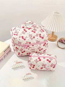 大号可爱粉色绗缝化妆包套装，时尚拉链化妆包，女士旅行洗漱包（樱桃蝴蝶结）