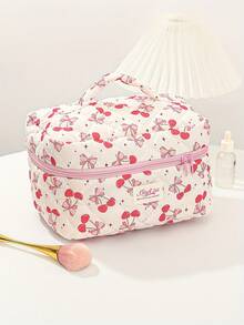 大号可爱粉色绗缝化妆包套装，时尚拉链化妆包，女士旅行洗漱包（樱桃蝴蝶结）