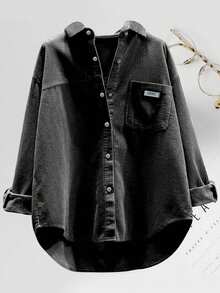 Plus Size Women's Fashion Corduroy Shirt, Long Sleeve, Collar, Front Button, Drop Shoulder, Asymmetric Hemline