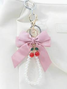 1 Elegant Faux Pearl Bracelet And Bow Decoration Keychain Pendant, Equipped With Creative Zinc Alloy Simulated Cherry Accessories, Fashionable Women's Bag Pendant, Suitable For Bag Chains, Mobile Phone Hanging Chains, Keychains, And Gifts For Friends' Mothers Christmas
