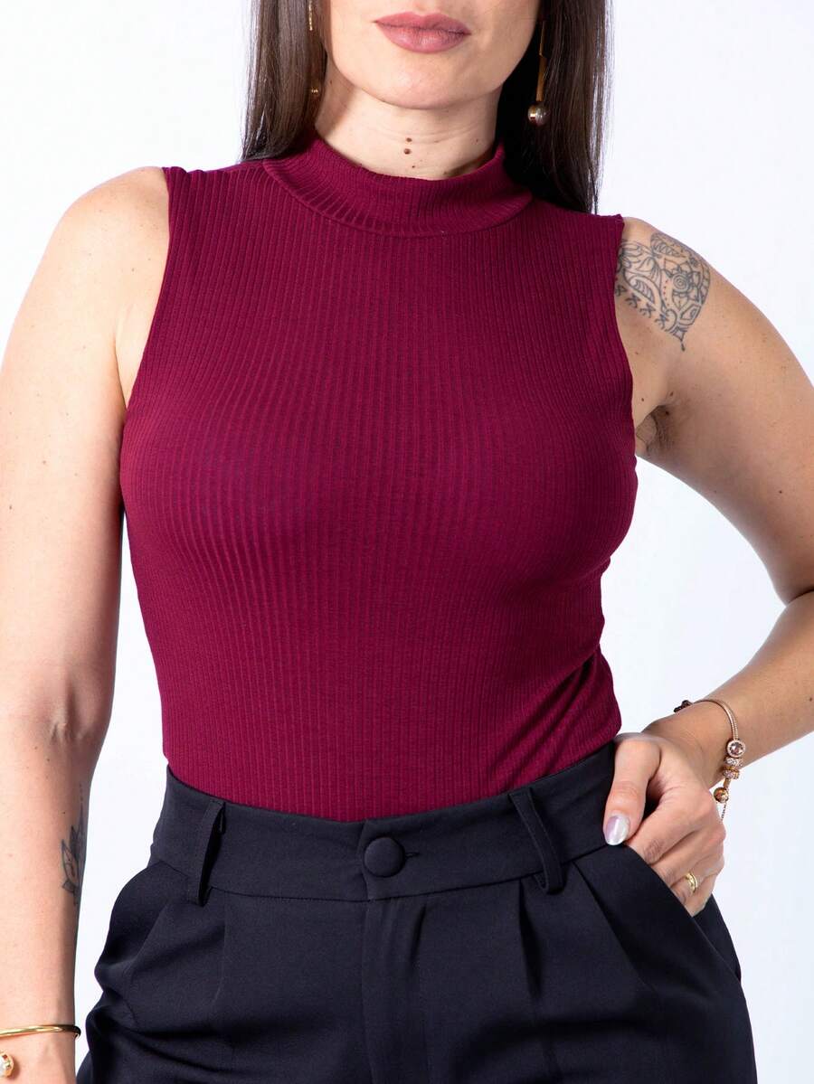Cacharrel High Neck Ribbed Premium Cotton Tank Top Bodysuit - 酒紅色 - 查看 1