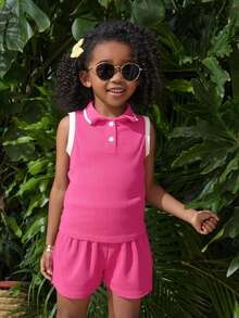 Conjunto Infantil de DoS Pieza para Niña – Polo sin Mangas y Short en Colores Vibrantes - CHICLE - Ver 1