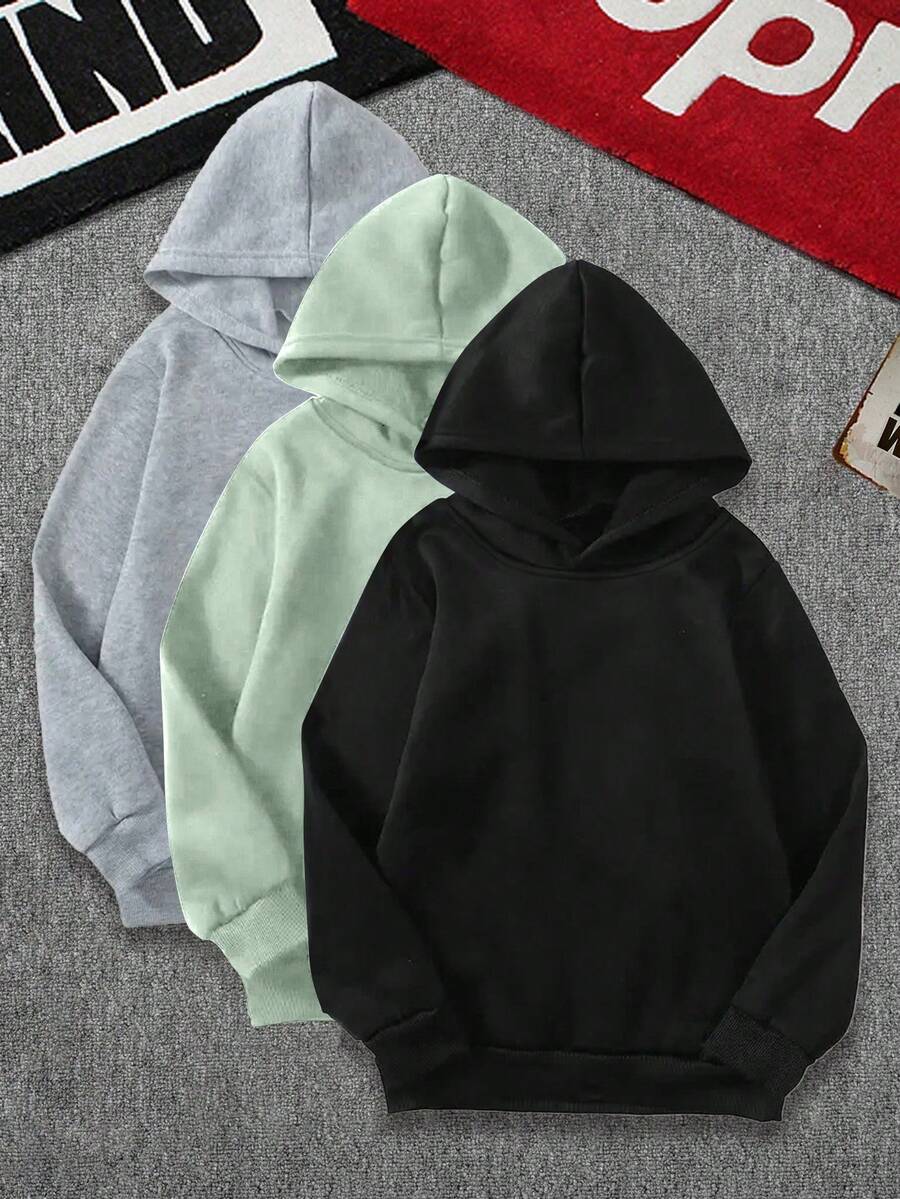 3pcs Teen Boys Casual Solid Color Hooded Sweatshirt With Pocket, & Versatile For Spring/Autumn - Black - View 1